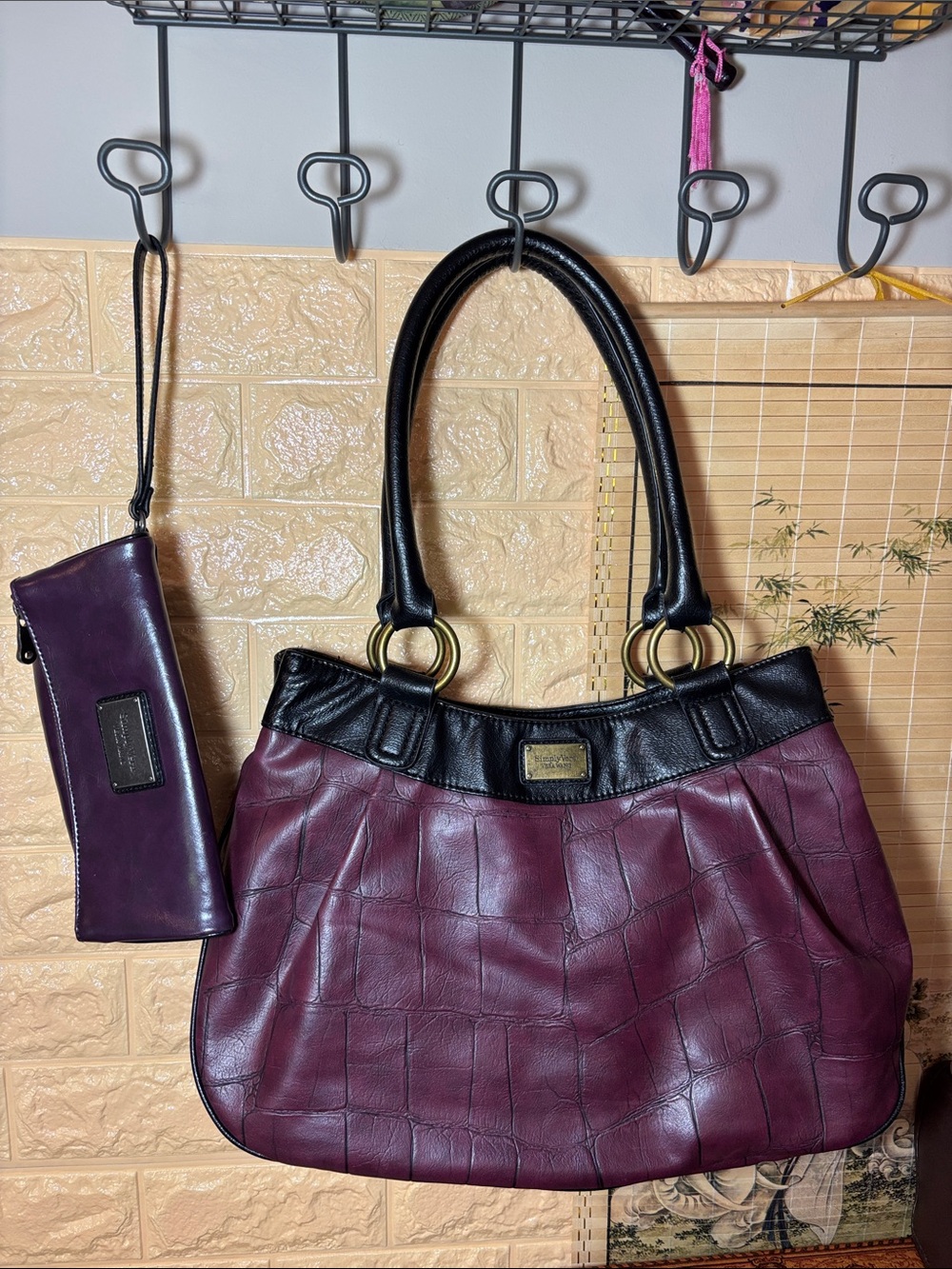 Simply Vera Vera Wang Plum Mock Croc Bag 16”Lx10”x5”W and Purple Wristlet Clutch
